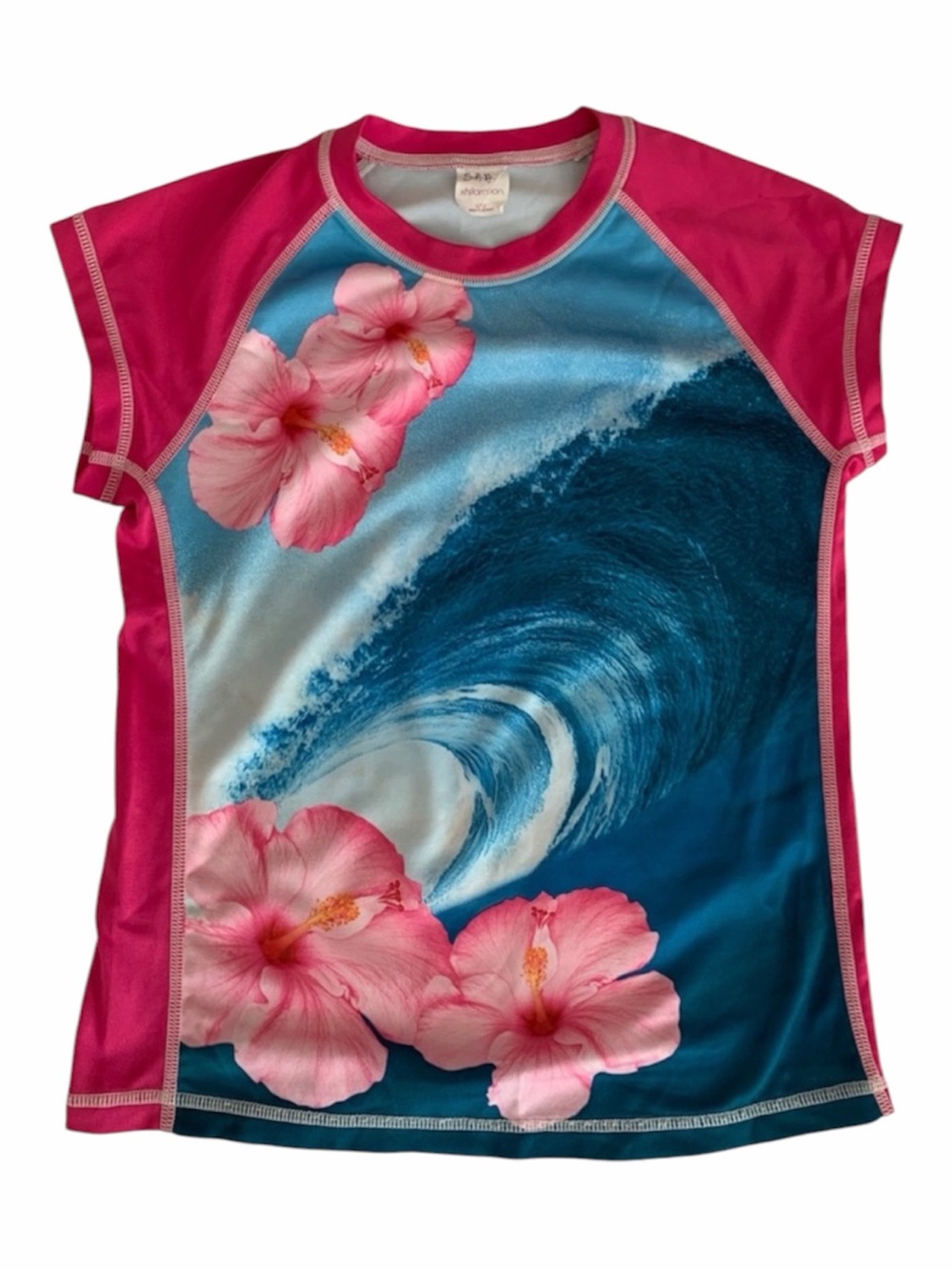 Xhilaration Rash Guard Girl L (12) Pink Blue Hawaiian Swim Shirt Short Sleeve